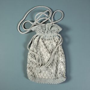 Valerie Stevens Elegant Blue Silver Crochet Beaded Mesh & Satin Evening Bag NEW